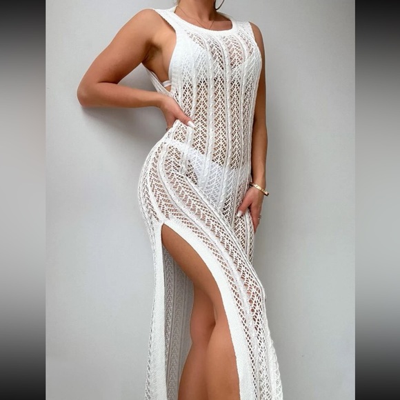 Boho Crochet Lace Sheer Mesh Hollow Out Split Beach Cover Up Dress - Picture 5 of 6